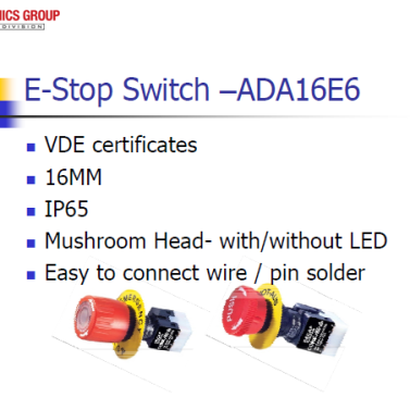Deca SwitchLab ADA16E6 e-stop switches and specifications.