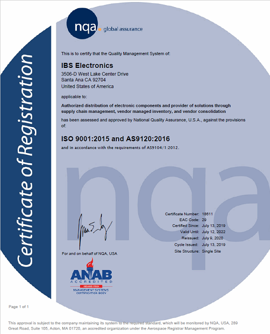 IBS ISO 9001:2015 and AS9120:2016 certification.